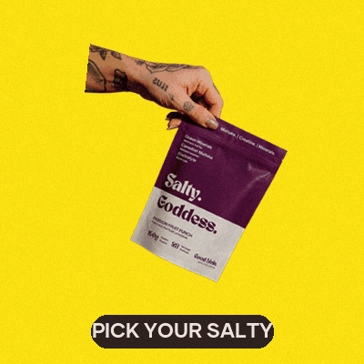 Three Salty pouches flipping one after another on yellow, orange and blue backgrounds